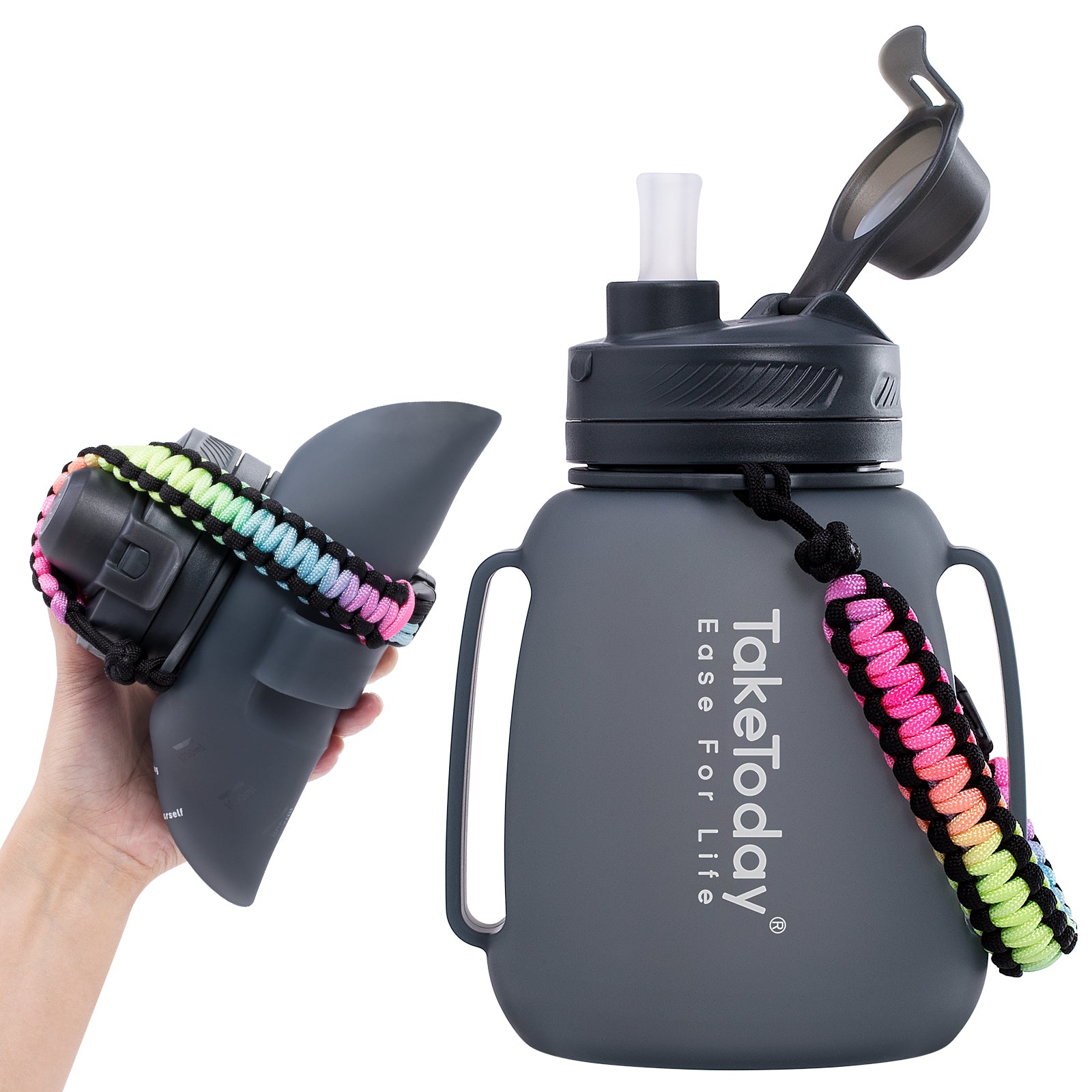 40oz Collapsible Water Bottle with Straw Lids & Paracord Handle